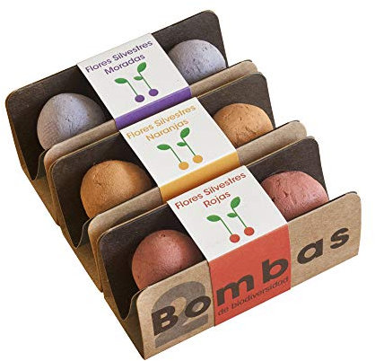 Resetea | Bombas de biodiversidad | Pack 6 | Flores silvestres rojas, flores silvestres naranjas y flores silvestres moradas.