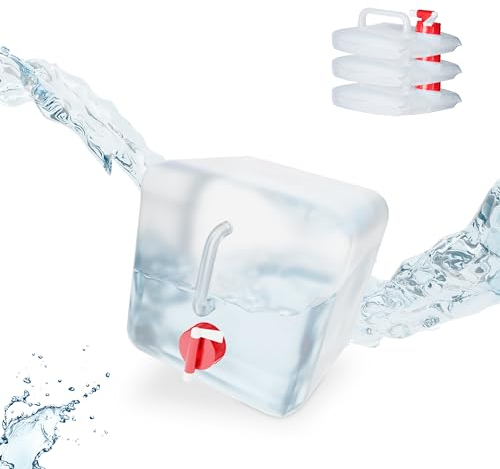 Relaxdays Faltkanister 4er Set, 5 l, Hahn, Schraubdeckel, Tragegriff, Wasserkanister Camping, BPA-frei, transparent/rot