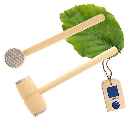 2X HOFMEISTER® Fleischhammer, mit Metall, Naturprodukt, 28,5 cm, plastikfrei, langlebiger Fleischklopfer klopft jedes Schnitzel weich, massiver Fleischklopfer, Schnitzelklopfer