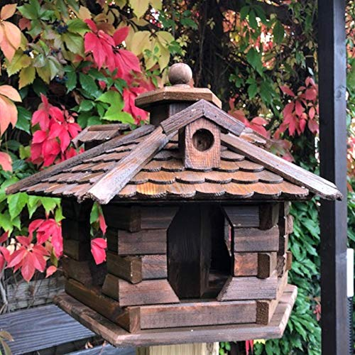 DARLUX Sechseck Vogelhaus aus Holz Futterstelle mit und ohne Ständer handgefertigt (L ohne Ständer, Dunkelbraun)