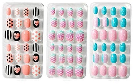 96Pcs Bright Fashion Party for Children False Nails Full Cover Reusable Acrylic Heart Fine Flash Polka Dot Pattern