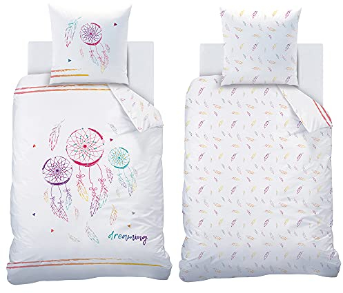 Matt & Rose Kinder-Bettwäsche Traumfänger Dreaming 135 x 200 cm + 80 x 80 cm 100% Baumwolle Renforcé-Linon-Qualität Federn Girl Mädchen Dreamcatcher Rainbow mit Reißverschluss Deutsche Größe