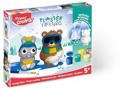 Maped CREATIV - Gipsfiguren-Bastel-Set PLASTER FRIENDS - Winter: Hase & Bär - inkl. 2x Förmchen für Figuren 9 cm, Gips, 6x Malfarben, bunt, 1 set