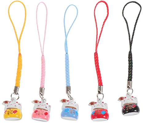 Cabilock Lot De 5 Pendentifs Porte Clé Forme De Chat - Bijoux De Telephone Maneki Neko Fortune - Feng Shui - Richesse - Santé - Symbole Pour Porte-CléS Deco Voiture, Cuivre