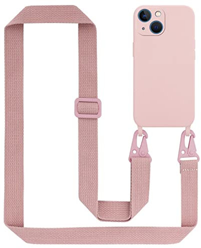 Cadorabo Handykette kompatibel mit Apple iPhone 13 MINI Schutzhülle TPU Liquid Silikon Case Necklace mit verstellbarem Band Kordel Band mit Etui Rundumschutz Case Hülle für iPhone 13 MINI in Rosa