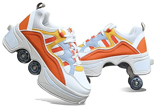 LIUHD 2 in 1 Multi-Purpose Roller Skates Unsichtbare Rollschuhe Zweireihige Quad Rollschuhe Outdoor Sports Kick Rollschuhe,Orange,39