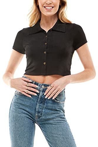 Tulleus - Damen Kurzarm Bluse mit Knopfleiste Slinky Crop Top Kragen Shirts - Fit für Arbeit und professionelle Mode, Schwarz, Groß