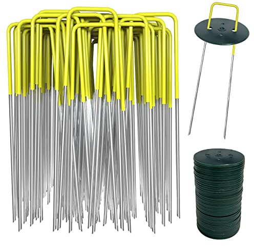 AGAKY Picchetti per Telo Pacciamatura, Picchetti Giardino, Picchetti a U in Acciaio, per Erba, Rete per Recinzioni, Irrigazione, Serra, 40 Picchetti Mezzo Giallo e 40 Rondelle, 150 x 25 mm, Ø 2,8 mm