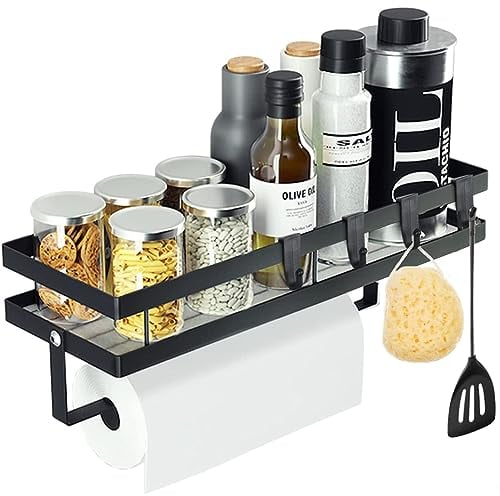 Spice Rack Wall Mounted, Kitchen Spice Organizer, Bathroom Shelf Kitchen Roll Holder and with 4 Detachable Hooks for Kitchen and Bathroom (black)