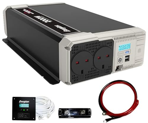 Energizer 2000 Watt Wechselrichter 12 V auf 240 V, Reine Sinuswelle Auto Wechselrichter mit Dual 240 Volt AC-Steckdosen, 2 USB Ports & Batteriekabel, DC zu AC Konverter mit Installationsset enthalten