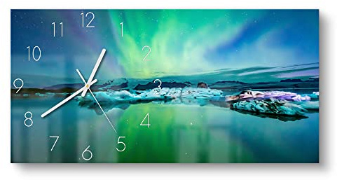 DEQORI Glasuhr | vertikal 60x30 cm | Motiv Leuchtendes Polarlicht | große XXL Design Uhr aus Glas | leise Wanduhr für Wohnzimmer & Küche | moderne Hingucker Uhr für die Wand