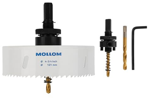 MOLLOM (121mm | 4-3/4) Scie-cloche bimétal HSS M42 avec 8% de cobalt avec 2 forets pilotes et mandrin, coupe lisse pour PVC, plaque de plâtre, bois, plastique, plaque de plâtre, caoutchouc