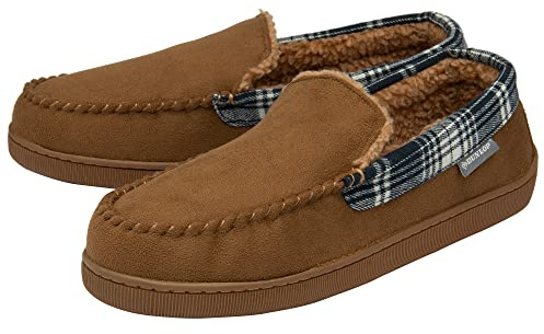 DUNLOP Mens Faux Suede Moccasin Slippers - Tan - UK 10