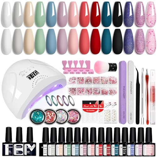 Phoenixy U V Nagellack Set mit Lampe 48 W, 14 Farben Gel Nagellack U V mit Base Top Matte Coat Nagel DIY Dekoration Komplette Nagelwerkzeuge Gelnägel Starterset