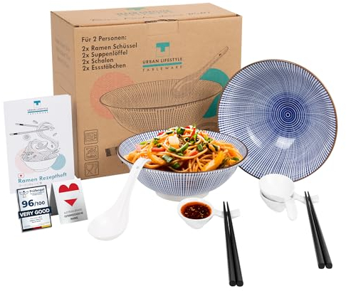 Urban Trading, Ramen - Juego de cuencos para 2 personas de porcelana, 20 cm, capacidad de 0,8 a 1 l, cuenco para sopa, ensalada, sopa Pho y fideos, tazón de cereales, sopa Pho (Tokusa)
