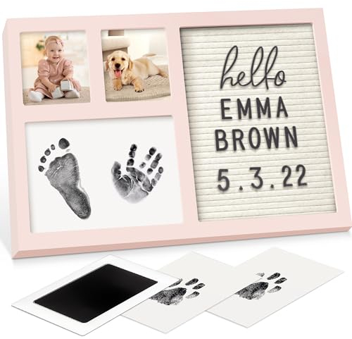 Baby Handabdruck und Fußabdruck Set mit Filz Letterboard, Clean Touch Stempelkissen - Bilderrahmen Baby fur Fußabdruck Baby, Handabdruck Baby für Neugeborene, Baby Dusche Abdruckset (Petal Pink)