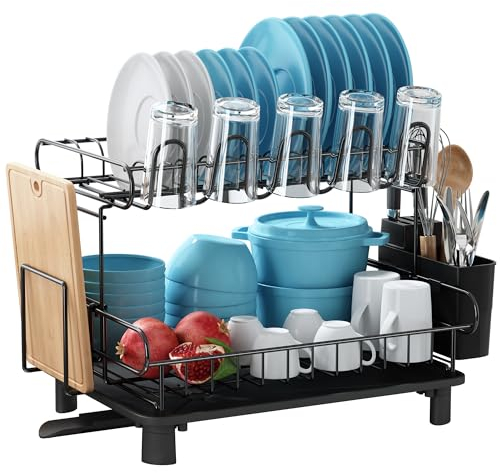 Qienrrrae Escurreplatos Grande de 2 Niveles, Escurridor de Platos de Acero Inoxidable con Porta Utensilios, Portavasos y Escurridor, Escurreplatos sobre Fregadero con Drenaje Automático, Negro