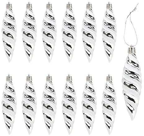 DAHI 12pcs Glitzer Christbaumanhänger Tannenbaum Zapfen Silber Christbaumschmuck Weihnachtskugeln für Weihnachtsbaum-Dekoration (Silber-B)