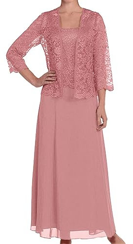 ORANDESIGNE Completo Donna Elegante Cerimonia Curvy Vestito Sera Lungo e Cardigan in Pizzo Bolero Blazer Trasparente Set Coordinato Completino Due Pezzi Cocktail Ballo Abbigliamento Rosa XXL