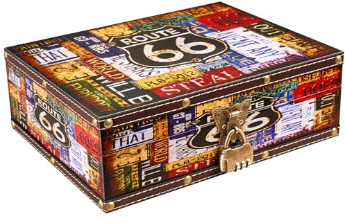 KOGLAR Holz- und Leder-Schatztruhe mit Deckel und Schloss, kleine dekorative Holz-Schmuck-Aufbewahrungsbox für Geburtstag, Reisen, Briefe, Heimdekoration, Geschenk, Route 66 Muster