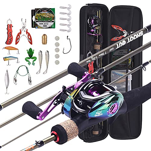 Baitcast-Rolle,KOCAN 1,8 m-2,1 m tragbare Angelrute + Angelrolle mit Ködergussrolle Hartes weiches Köderleinen-Angelgerätetaschen-Set Kit Tragbares Angelset für das Reisefischen