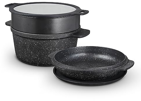 Tower 24cm Lightweight Cast Aluminium Multi-Functional Casserole Dish/Dutch Oven/Stew Pot with Steamer Insert, Domed Lid (Shallow Hob Dish) & Silicone Trivet, Black
