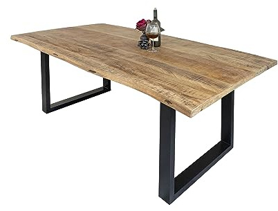 SAM Esstisch Derek 280x100 cm Mangoholz Natur Baumkante U-Gestell schwarz | Baumkantentisch massiv, naturfarben lackiert, 26 mm Tischplatte, Metallgestell