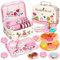Hovetne 33 PCS Tea Set for Toddlers, Kids Tea Party Pretend Play Toy with Dessert Toy, Plates, Teapot, Childrens Tin Play Tea Set for Girls Aged 3 4 5 6 7 8, Flower