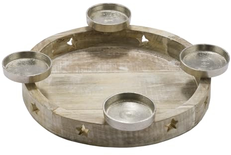 weihnachtlicher dekorativer Adventkranz als weiß gewischte Holzschale mit Sternen und 4 Kerzenhaltern 30 cm Durchmesser