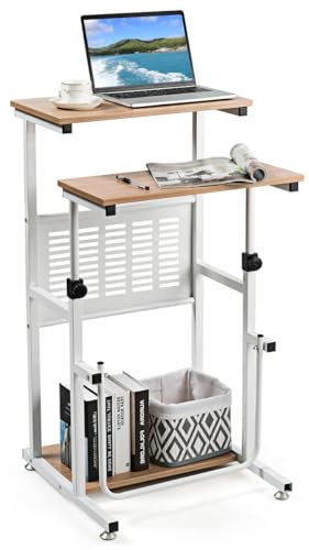 COSTWAY Table Informatique Assis-Debout, Bureau d'Ordinateur Réglable en Hauteur, Poste de Travail avec Support d'Imprimante, Repose-Pieds, pour Maison, Bureau, 55 x 53 x (68-98) cm