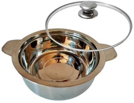 Satre Online and Marketing Stainless Steel Serving Pot with Glass Lid, Hot Pot, Serving Bowl, Insulated Stainless Steel with Glass Lid, Casserole (1000 ML) - Silver
