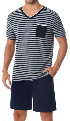 Leversic Pyjama Homme Été Ensembles de Pyjama Homme Pyjama Short Homme Pyjama Coton Homme Pyjama Court à Manches Vêtements de Détente Deux Pièces Confortable Doux Bleu+Gris S