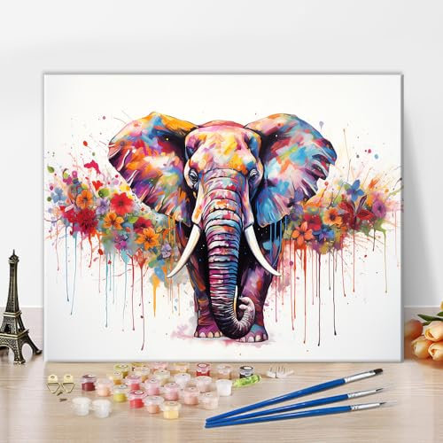 TISHIRON Peinture par Numéros pour Adultes - Éléphant et Fleurs Colorées sur Toile - Kit DIY Animaux 40x50cm (Avec Cadre)