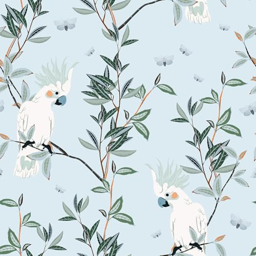 VaryStyle Blue Floral Wallpaper Exotic Parrot Bird Peel and Stick Wallpaper Blue/Green/White Floral Branches Wallpaper Removable Light Blue Contact Paper for Cabinets Bathroom Nursery Walls 17.7x118