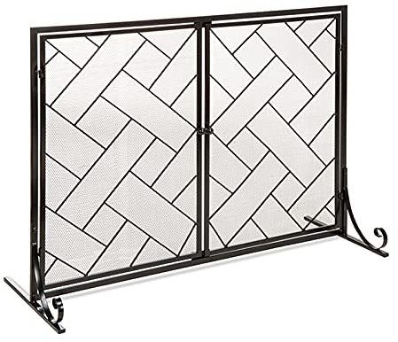 Hearth Gate Funkenschutzgitter, Metall-Kamingitter mit geometrischem Design und 2 Türen, Zubehör für Holzöfen, Kaminzaun (Farbe: Gold, Größe: 103 x 80 x 34 cm) (Schwarz 103 x 80 x 34 cm) (Beauty