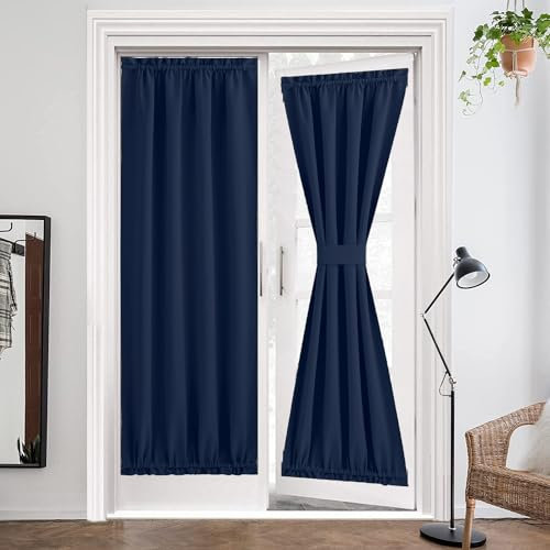ZHhan French Door Curtains Privacy Blackout French Door Rod Pocket Drapes for Glass Door Home Office,Sidelight Curtain Tie up Shade,Easy Installed 66x182cm,Navy Blue,1 Panel