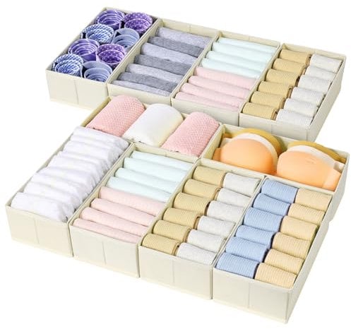 DIMJ 10Pcs Drawer Organiser, Dresser Dividers, Foldable Fabric Wardrobe Storage Organiser, Underwear Storage Boxes for Socks, Bras, Ties, Scarves, Handkerchiefs, Makeup, Baby Clothes(Beige)