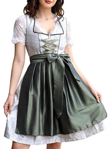 Hobrounn Dirndl Damen Midi Trachtenkleid 3tlg. Trachtenmode Kleid, Bluse, SchüRze für Oktoberfest Von Gr.34-48 (Grau, 40)