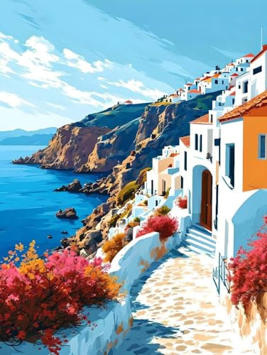 Peinture par Numéros pour Adultes Peinture à l'huile DIY L 'île Santorin Peinture par Numéros Kits sur avec Pinceaux et Peintures Acryliques Artisanat pour la Maison 30x40cm (Sans Cadre) I-710