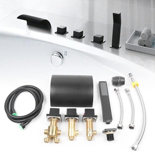 Badewannenarmatur Wasserfall 5 Loch Messing Wannenrandarmatur Handbrause Set Bad Dusche mit 3 Griffe Schwarz Badwanne Armatur