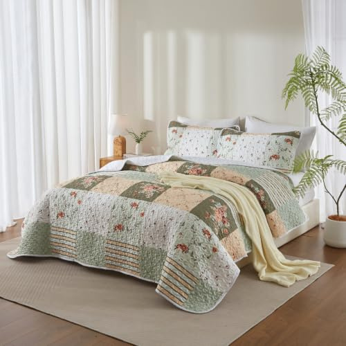 Patchwork-Bettwäsche-Set mit Blumenmuster, Kingsize, Grün, Beige, Weiß, bedruckt