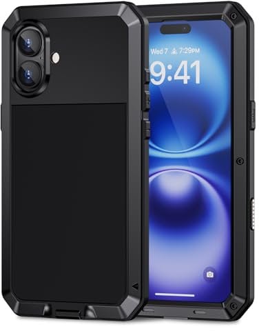 Lanhiem for iPhone 16 Metal Case, Heavy Duty Shockproof Tough Rugged Case with Built-in Glass Screen Protector, 360 Full Body DustProof Protective Cover for iPhone 16 6.1, Black