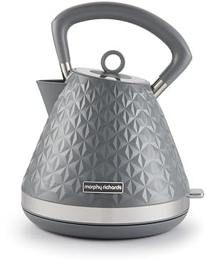 Morphy Richards Vector Pyramid Kettle, 1.5L 3kW Rapid Boil, Anti Limescale Filter, Boil Dry Protection, Water Window, Pull Ring Removeable Lid, 360 Cordless Base, Grey, 108135