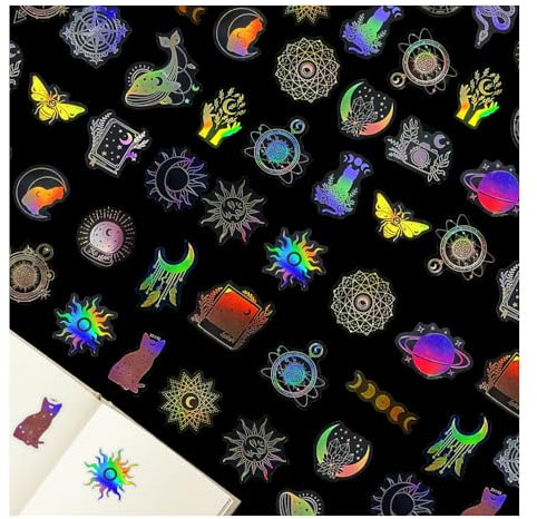 Bieiyhe 100 Stück Scrapbook Sticker Transparent, Holo Sticker Selbstklebend Vintage,Holographische Aufkleber Glänzende,Handyhülle Aufkleber Fotoalbum,Sticker Bullet Journal Aesthetic -Sternenhimmel