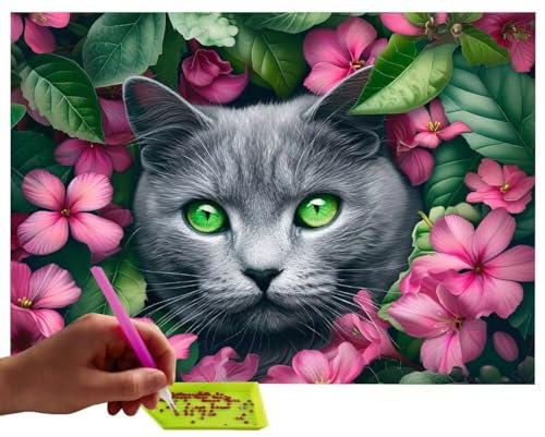 5D DIY Diamond Painting Kits, Blumen Kat Diamond Painting Pictures Full Drill, Diamond Rhinestone Crystal Embroidery Canvas Pictures for Children Adults Decor, Weihnachten Geschenk - 60x80cm C-703