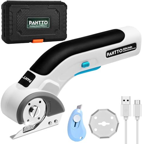PAHTTO Elektrische Schere Kartonschneider 4V, 320 U/min, Kabellose Rollschneider Universalschneider Akku, mit 2 Elbstschärfenden Klingen und Ladegerät, für Papier, Pappe, Teppich, Leder, Filz, Stoff