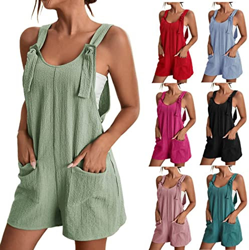 Womens Jumpsuit Summer Short Dungarees, Sleeveless Cotton Linen Playsuits Loose Short Overalls Adjustable Strappy Shorts Rompers Jumpsuits Loose Short Overalls One Piece Rompers with Pockets