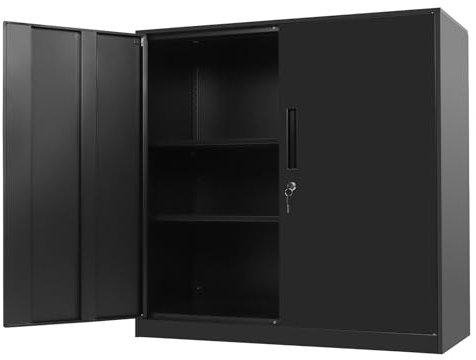 Chiidou Heavy-Duty Steel Storage Cupboard with Lock, 3-Tier Adjustable Shelving Filing Cabinet Unit for Office Files, Home Garage & School Organisation Black