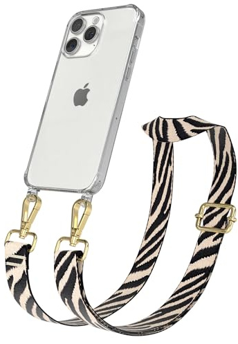 EAZY CASE Handykette - Verstellbares Taschenband kompatibel mit iPhone 15 Pro Max, Schulterriemen, Handykordel mit Silikon Hülle, Umhängetasche, Zebra - Schwarz Beige Gold
