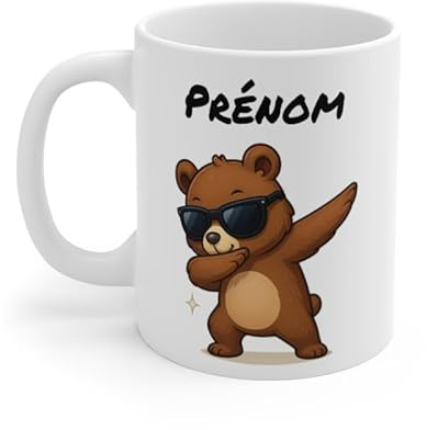 Teecustom Tasse Personnalisable Ourson Dab – Mug Prénom Enfant Animal Mignon Lunettes 325ml Cadeau